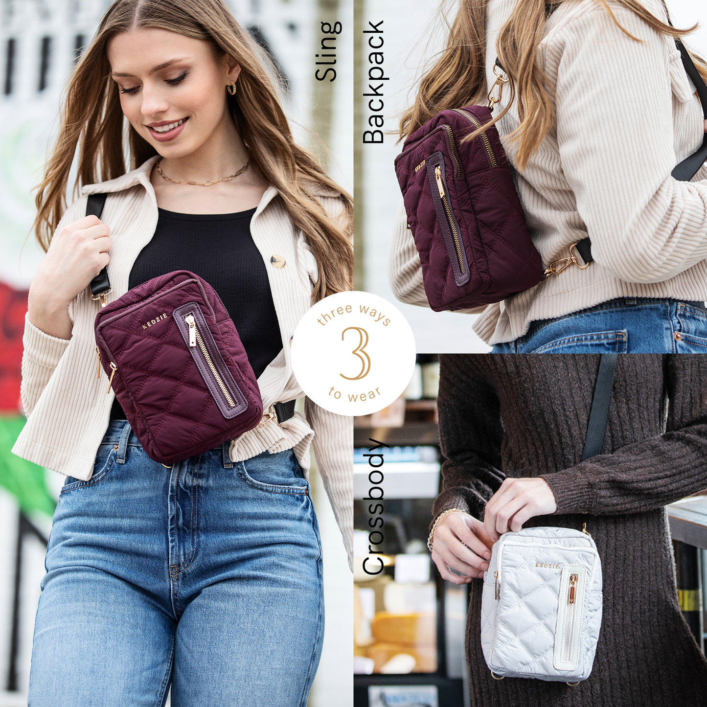 Kedzie Convertible Quilted Puffer Bag – Sling, Crossbody & Backpack (3-in-1)
