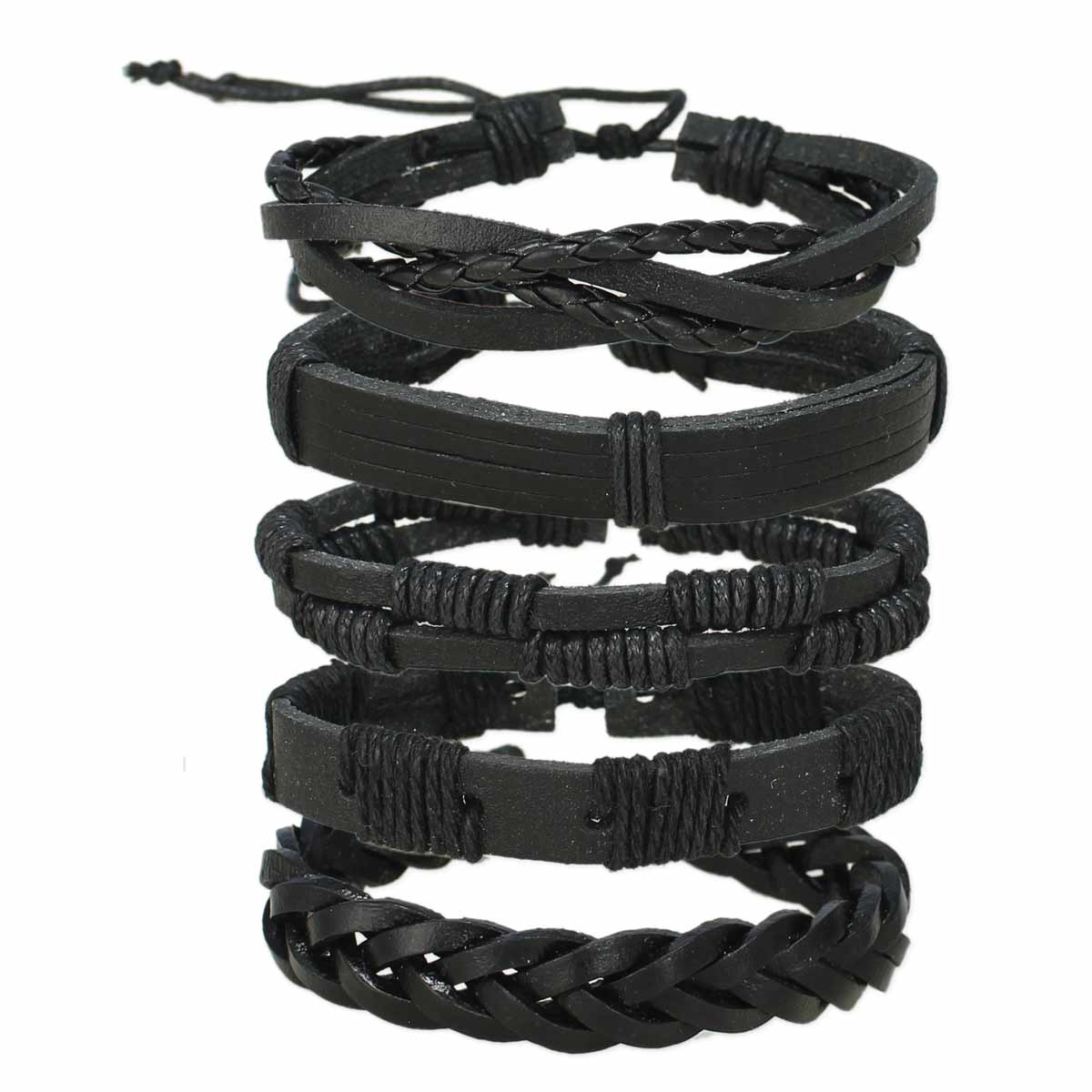 Black Vegan Leather Unisex Pull Bracelet – Adjustable Rustic Style