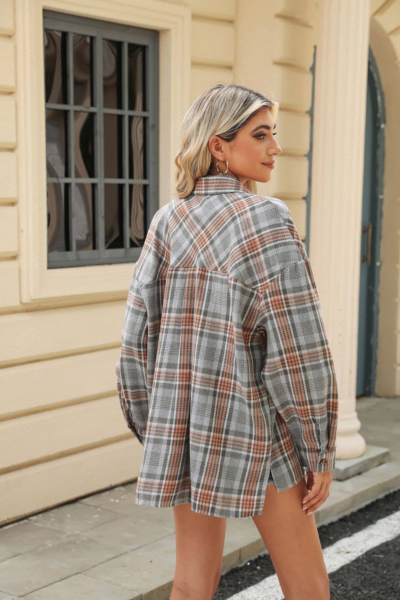 Light Grey LONG-SLEEVED PLAID SHIRT WITH LAPEL POCKET