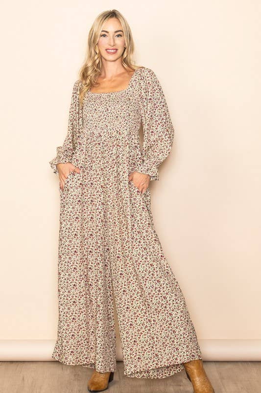 Floral Print Roper – Square Neck, Smocked Chest & Wide Legs