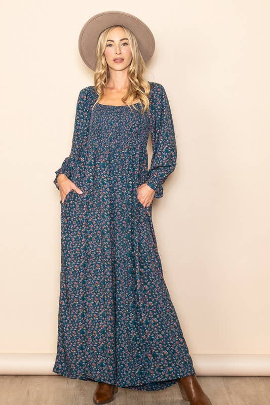 Floral Print Roper – Square Neck, Smocked Chest & Wide Legs