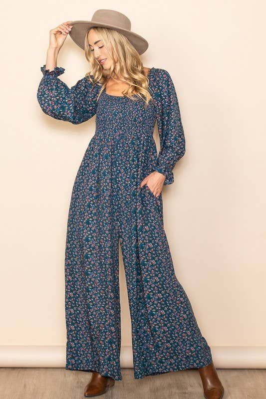 Floral Print Roper – Square Neck, Smocked Chest & Wide Legs