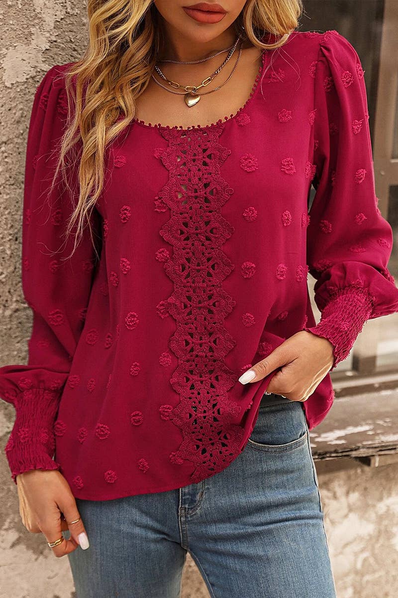 Women’s Floral Laced Swiss Dot Blouse with Embroidered Front Detail