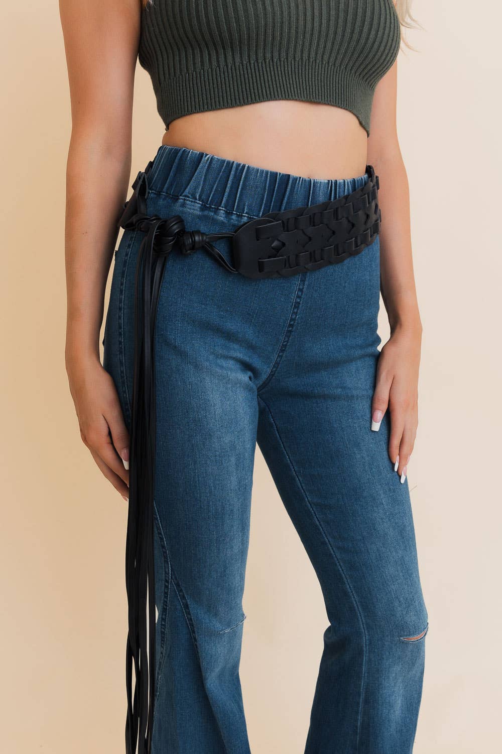 Wide Woven Vegan Leather Waist Tie Up Belt