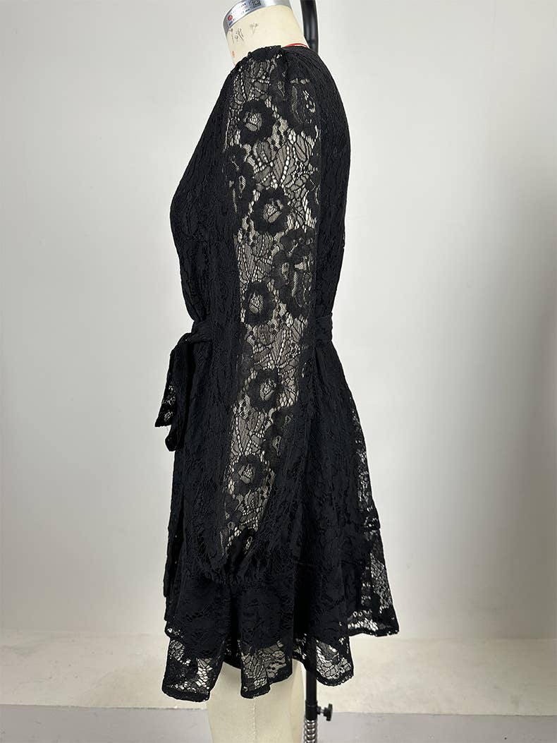 Lace V-Neck Long-Sleeved Lace-Up Dress