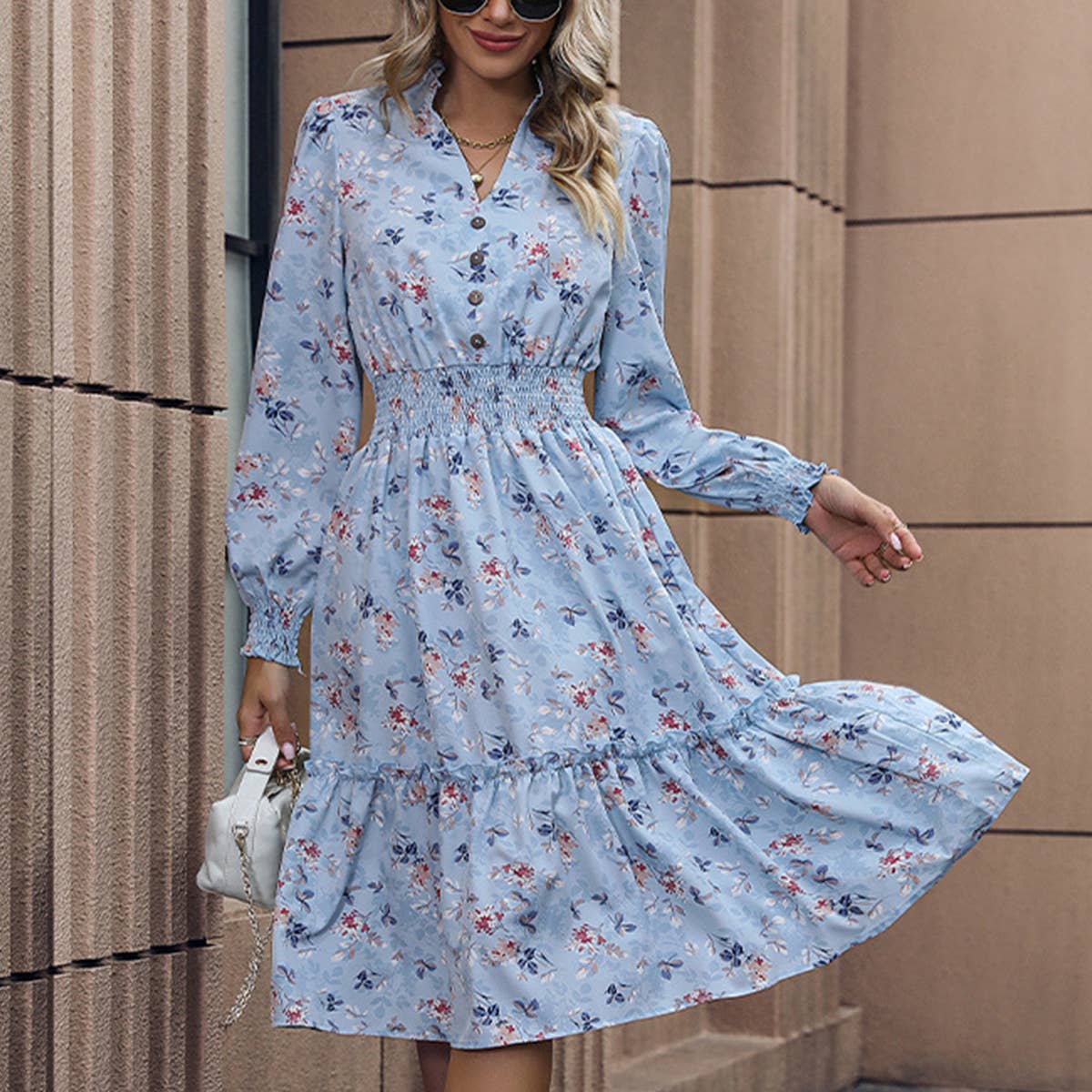 Long Sleeve V-Neck Floral Dress