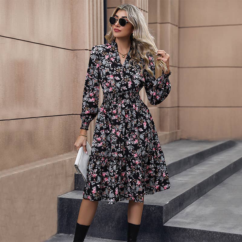 Long Sleeve V-Neck Floral Dress