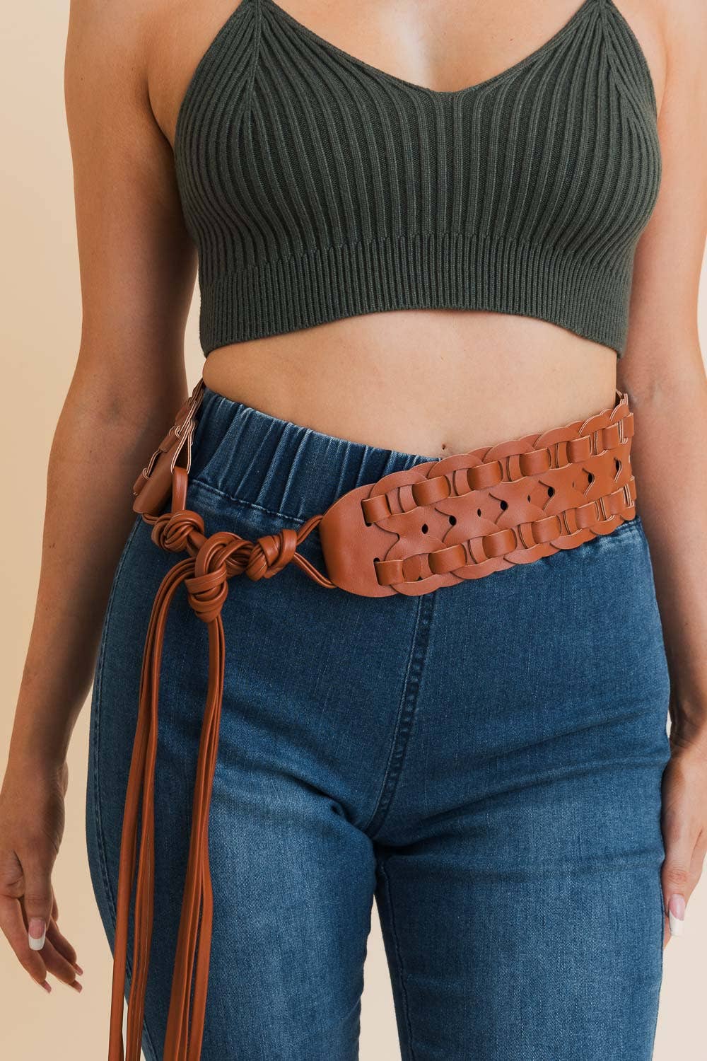Wide Woven Vegan Leather Waist Tie Up Belt