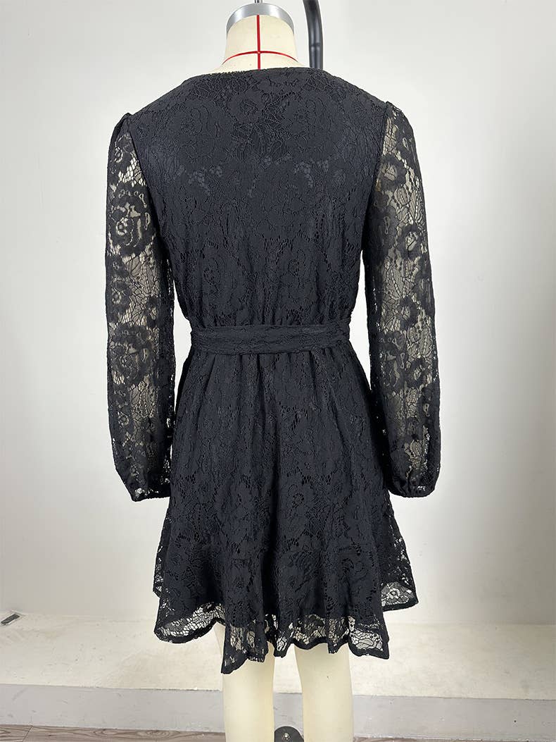 Lace V-Neck Long-Sleeved Lace-Up Dress