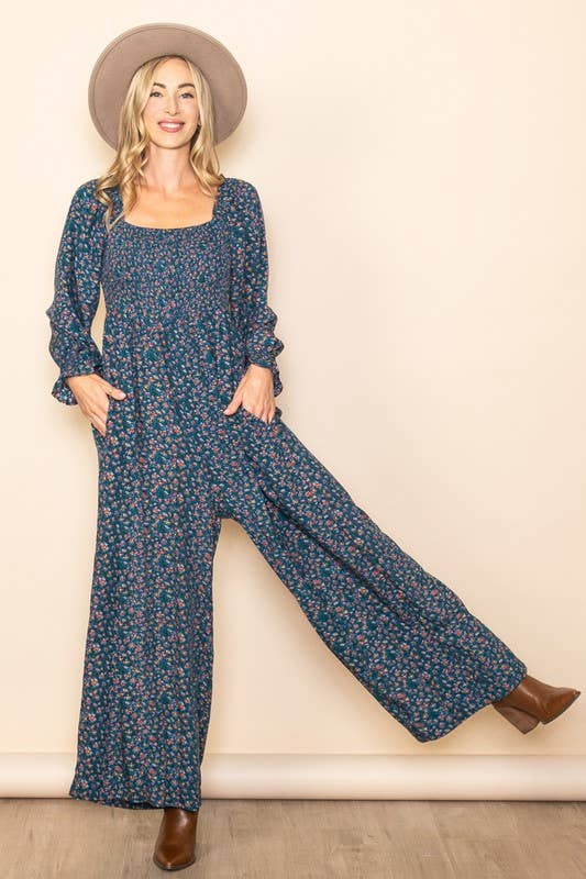 Floral Print Roper – Square Neck, Smocked Chest & Wide Legs