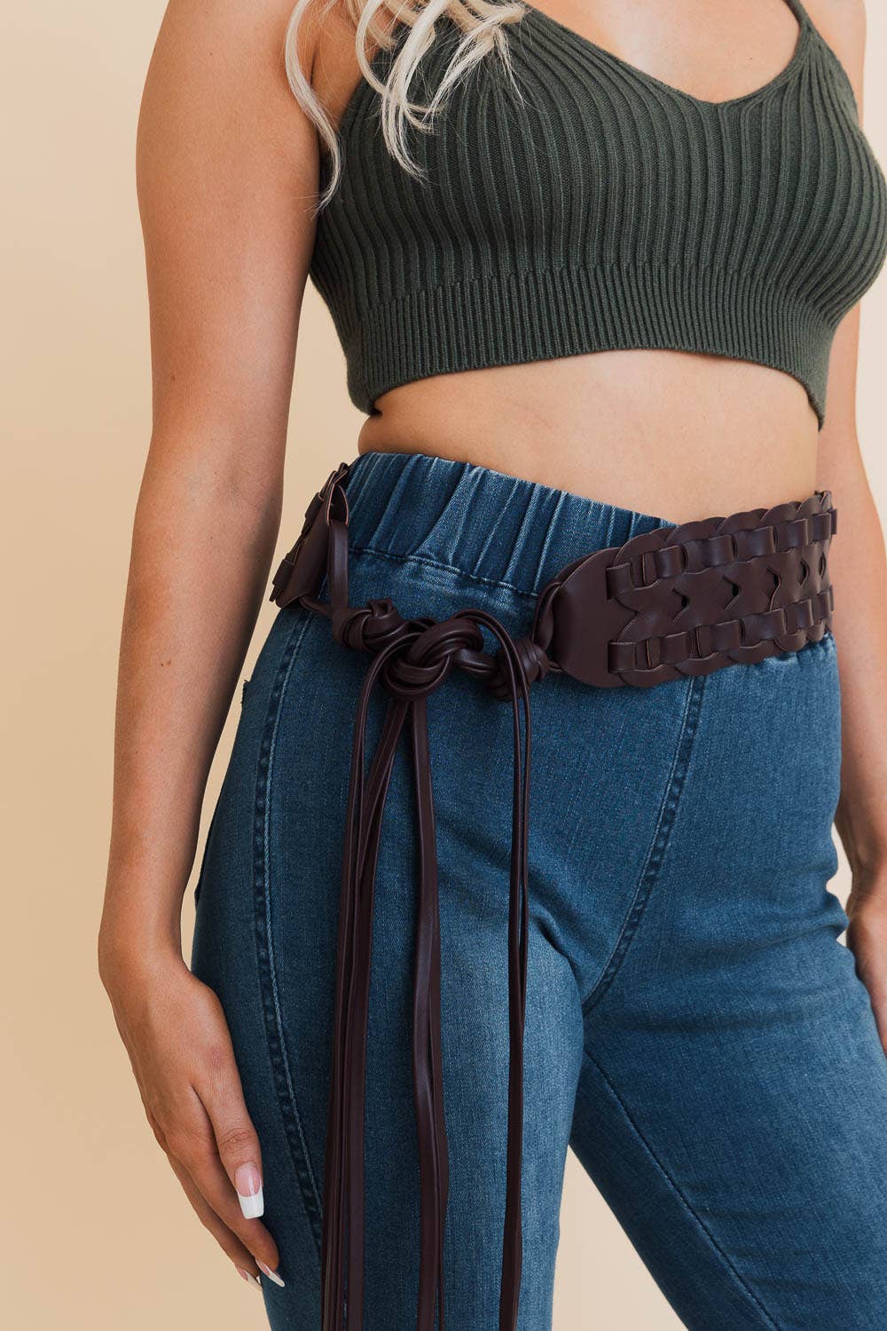 Wide Woven Vegan Leather Waist Tie Up Belt