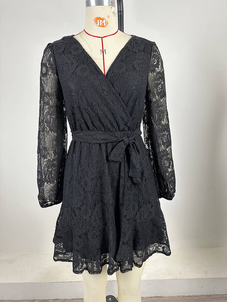 Lace V-Neck Long-Sleeved Lace-Up Dress