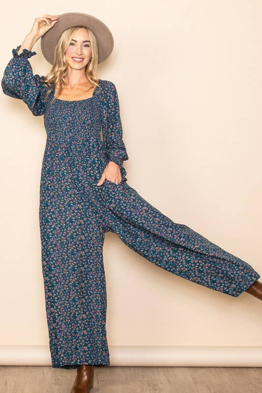 Floral Print Roper – Square Neck, Smocked Chest & Wide Legs