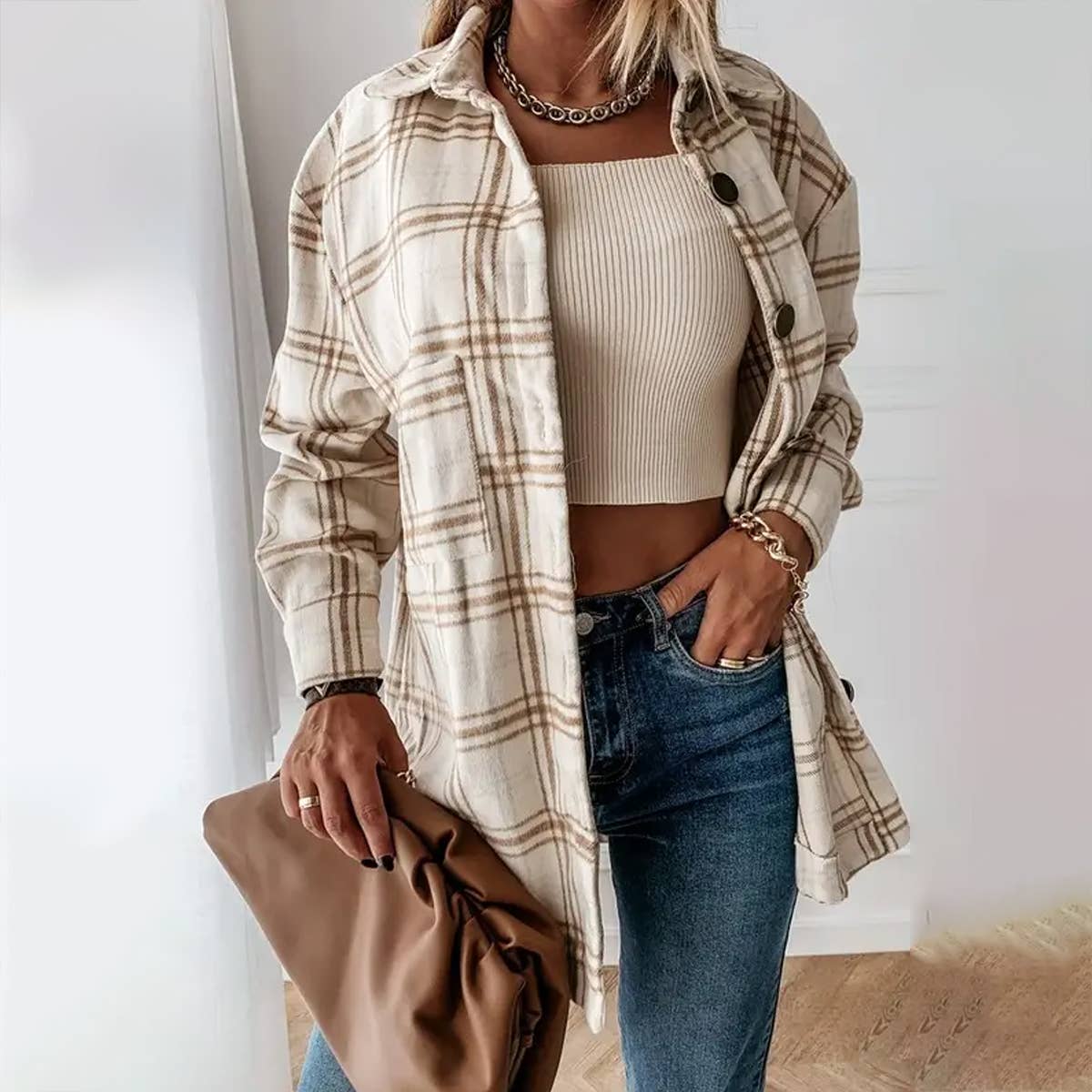 Mid-Length Plaid Flannel Jacket Shirt