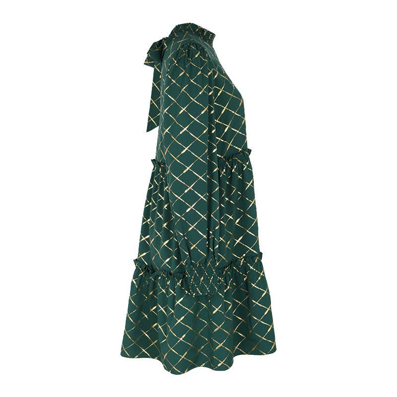 Diamond Long-Sleeved Loose Fit Dress with Gold Stamping