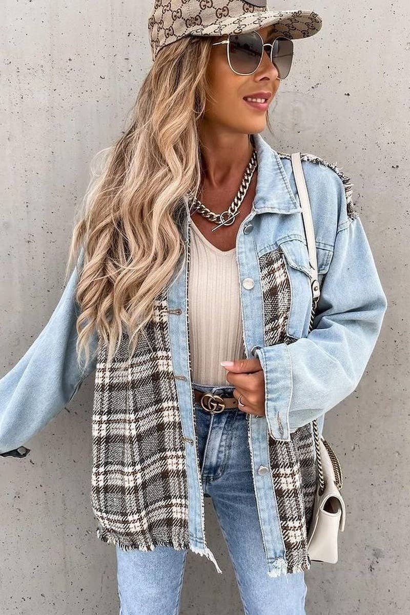 Denim patchwork loose long-sleeved single-breasted coat