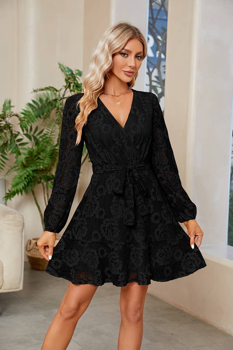 Lace V-Neck Long-Sleeved Lace-Up Dress