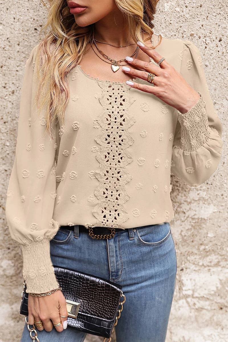 Women’s Floral Laced Swiss Dot Blouse with Embroidered Front Detail