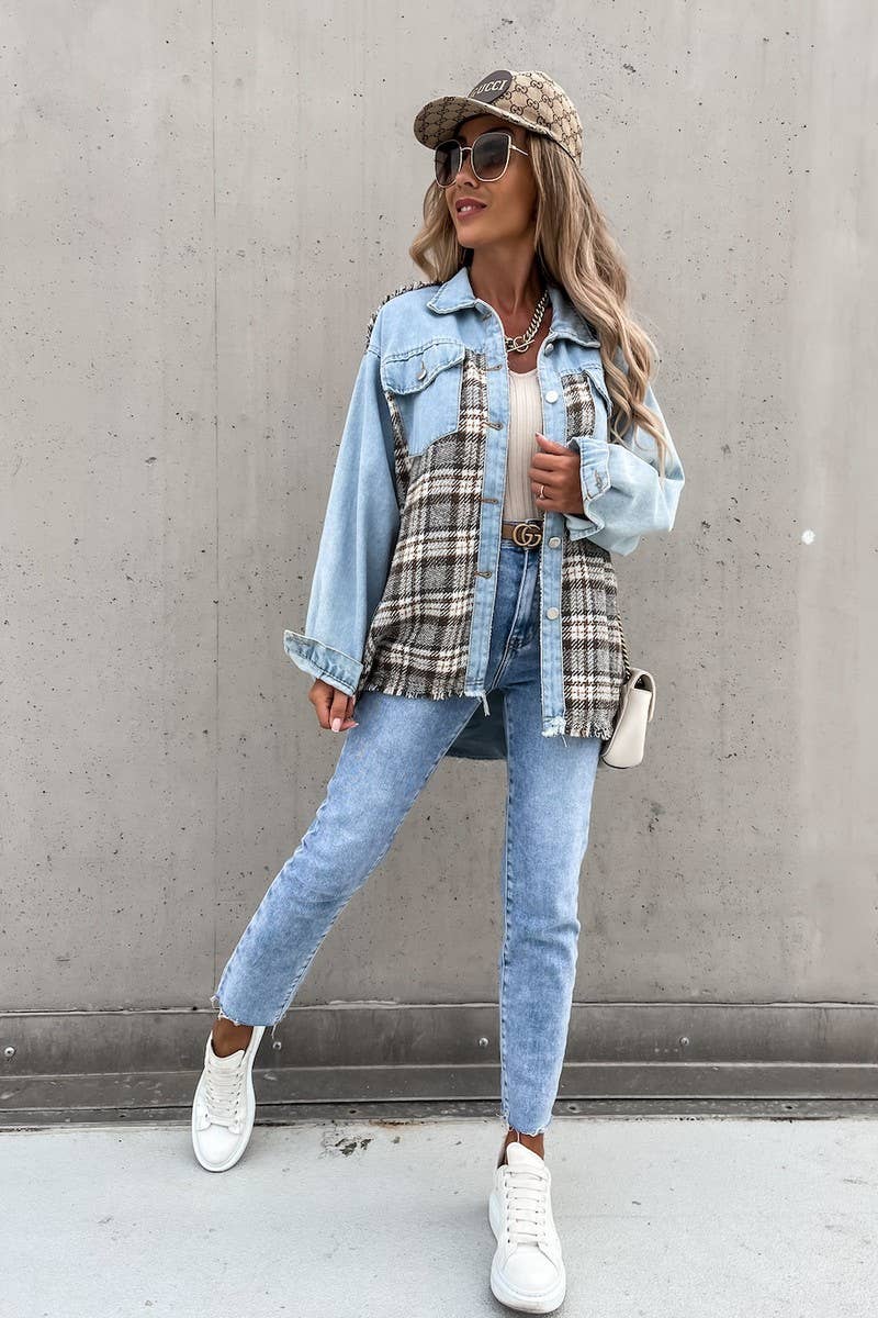 Denim patchwork loose long-sleeved single-breasted coat