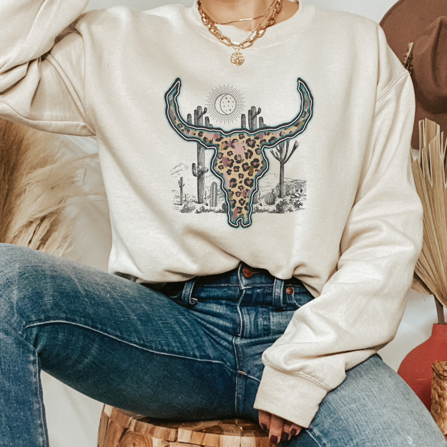 Western Leopard Cow Skull Crewneck Sweatshirt – Trendy Western Boho Style