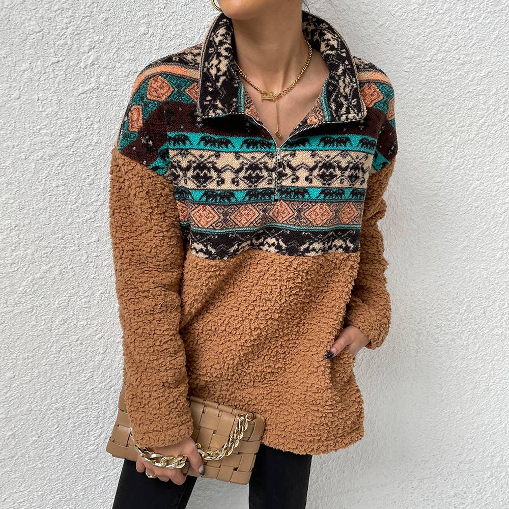 Aztec Printed Lapel Zipper Reversible Fleece Hoodie