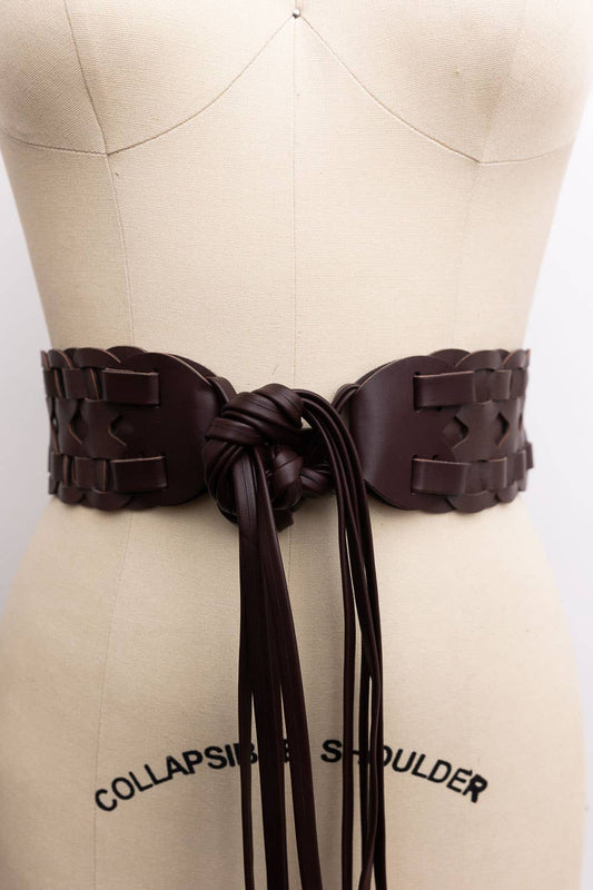 Wide Woven Vegan Leather Waist Tie Up Belt