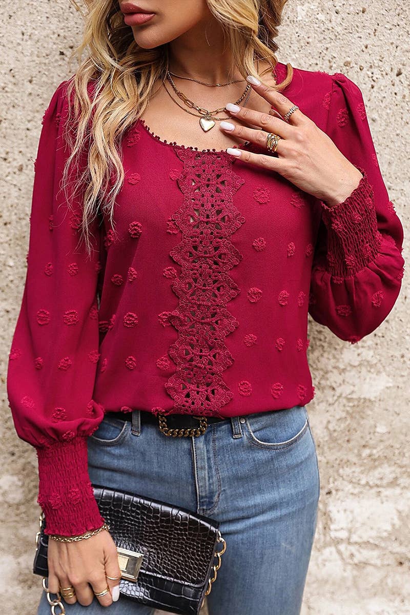 Women’s Floral Laced Swiss Dot Blouse with Embroidered Front Detail