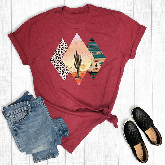 Cactus Diamonds Aztec & Leopard Graphic T-Shirt