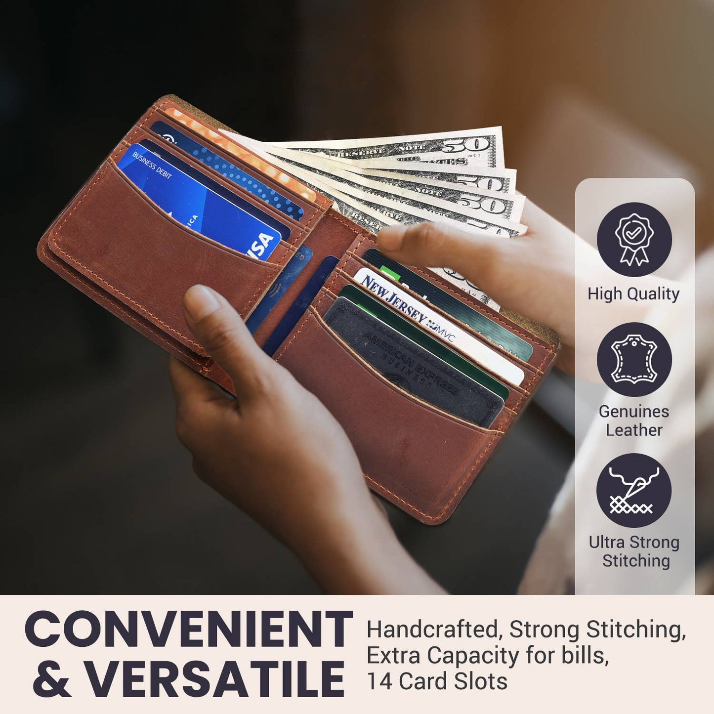 Men’s Leather Bifold Wallet – Top Grain Leather with Flap Out ID Holder