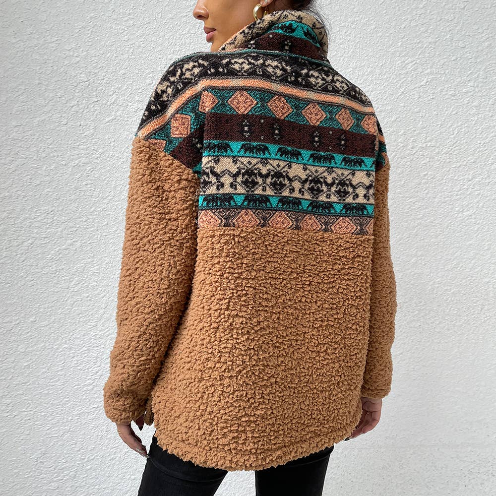 Aztec Printed Lapel Zipper Reversible Fleece Hoodie