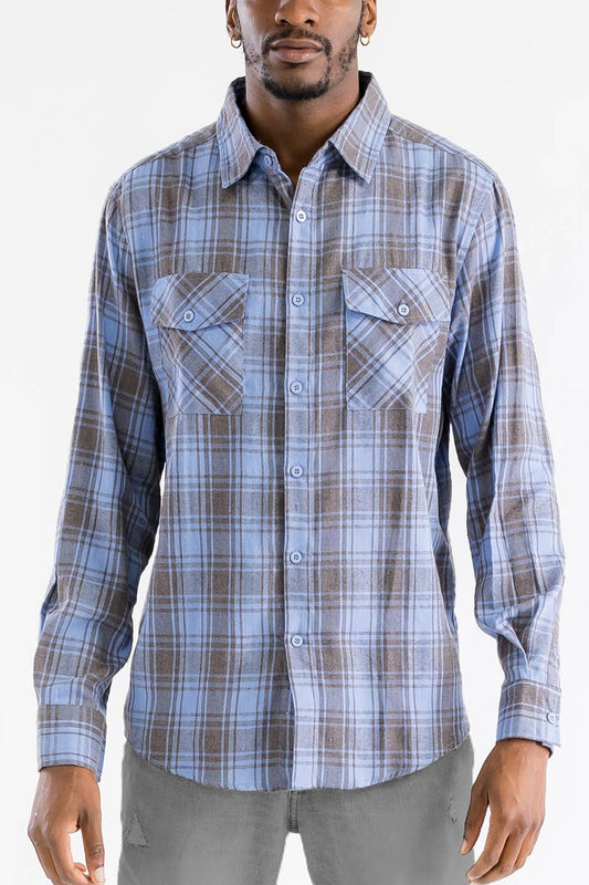 Plaid Checkered Flannel Shirt – Classic Button-Up with Chest Pockets