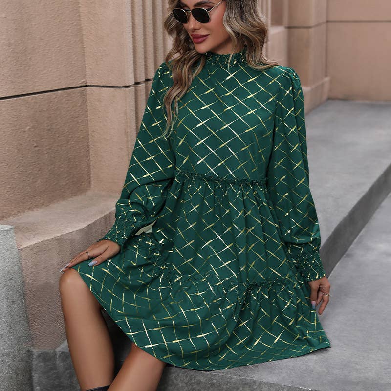 Diamond Long-Sleeved Loose Fit Dress with Gold Stamping