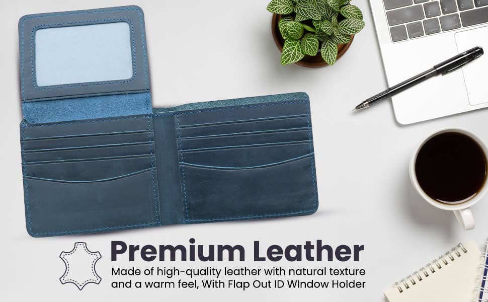 Men’s Leather Bifold Wallet – Top Grain Leather with Flap Out ID Holder