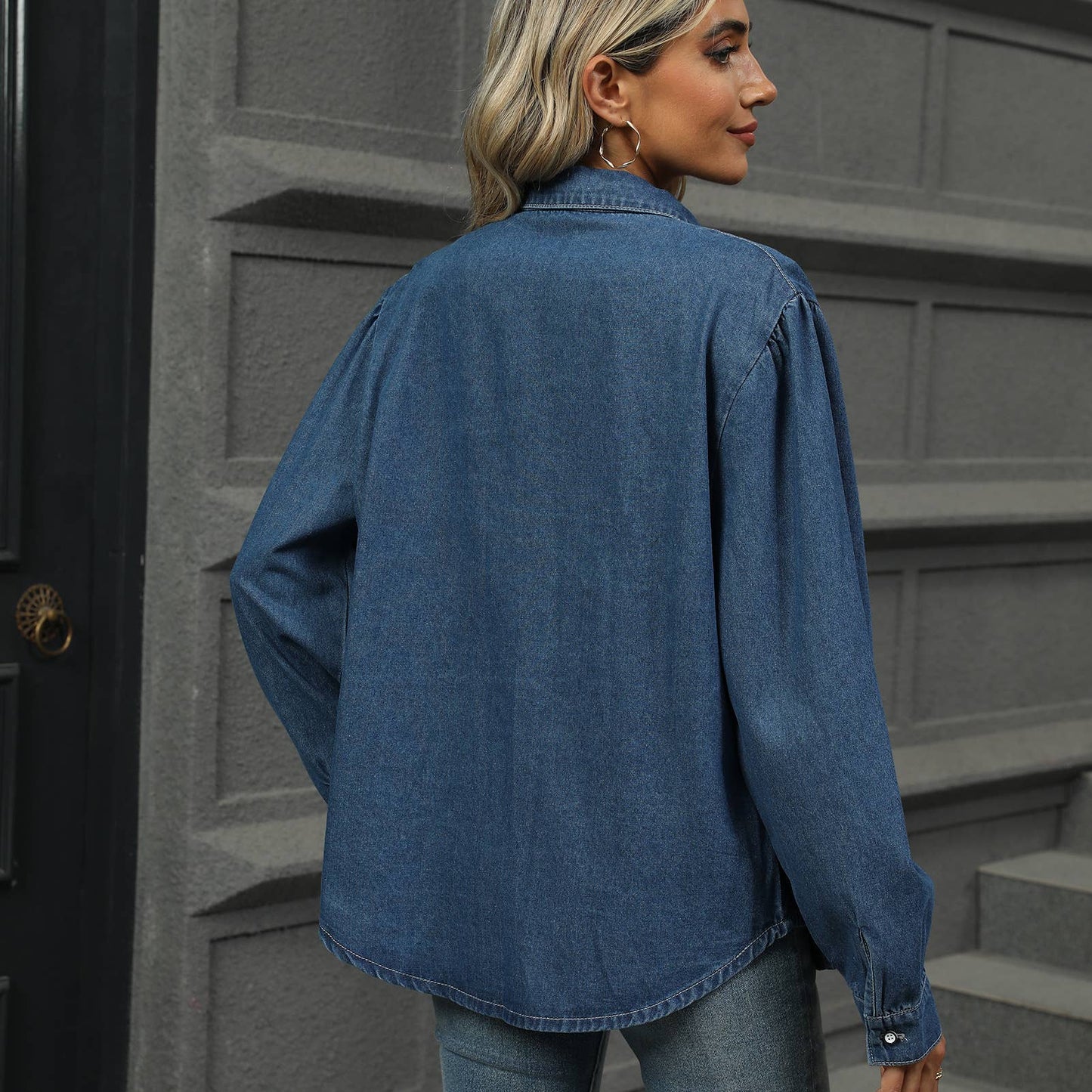 Pleated Denim Shirt – Loose Fit with Long Sleeves