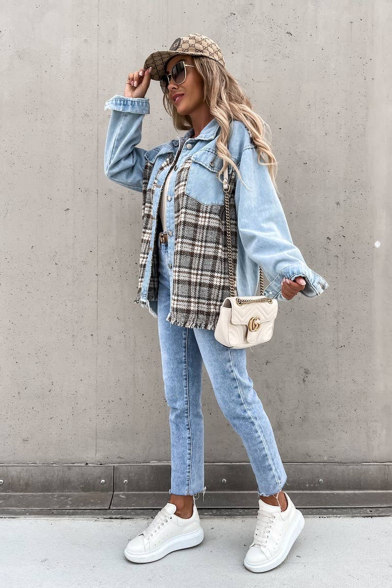 Denim patchwork loose long-sleeved single-breasted coat