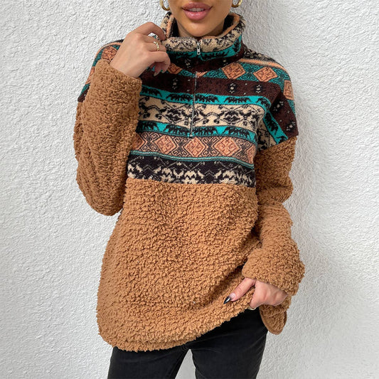 Aztec Printed Lapel Zipper Reversible Fleece Hoodie