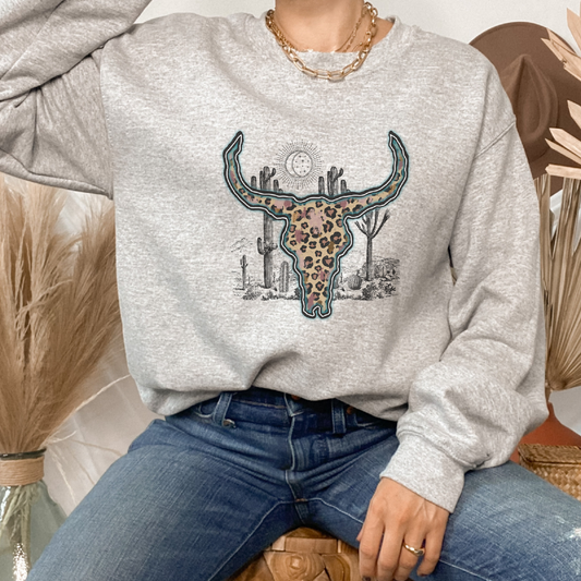 Western Leopard Cow Skull Crewneck Sweatshirt – Trendy Western Boho Style