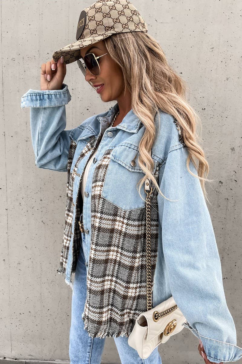 Denim patchwork loose long-sleeved single-breasted coat
