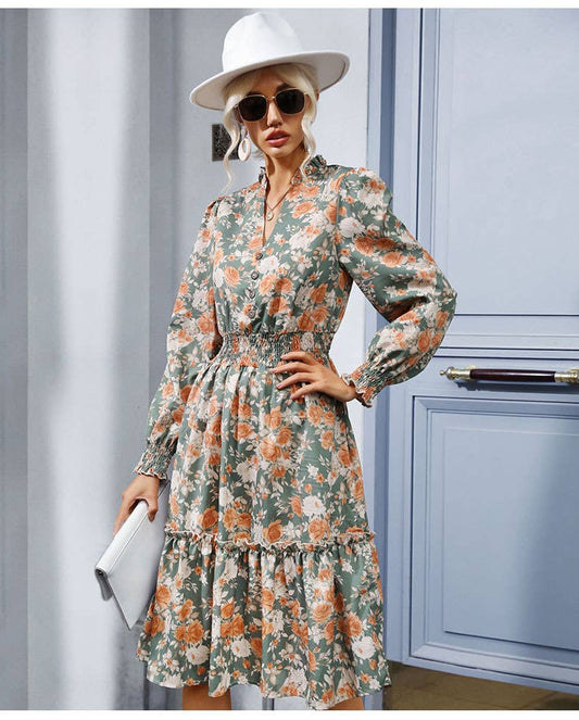 Long Sleeve V-Neck Floral Dress
