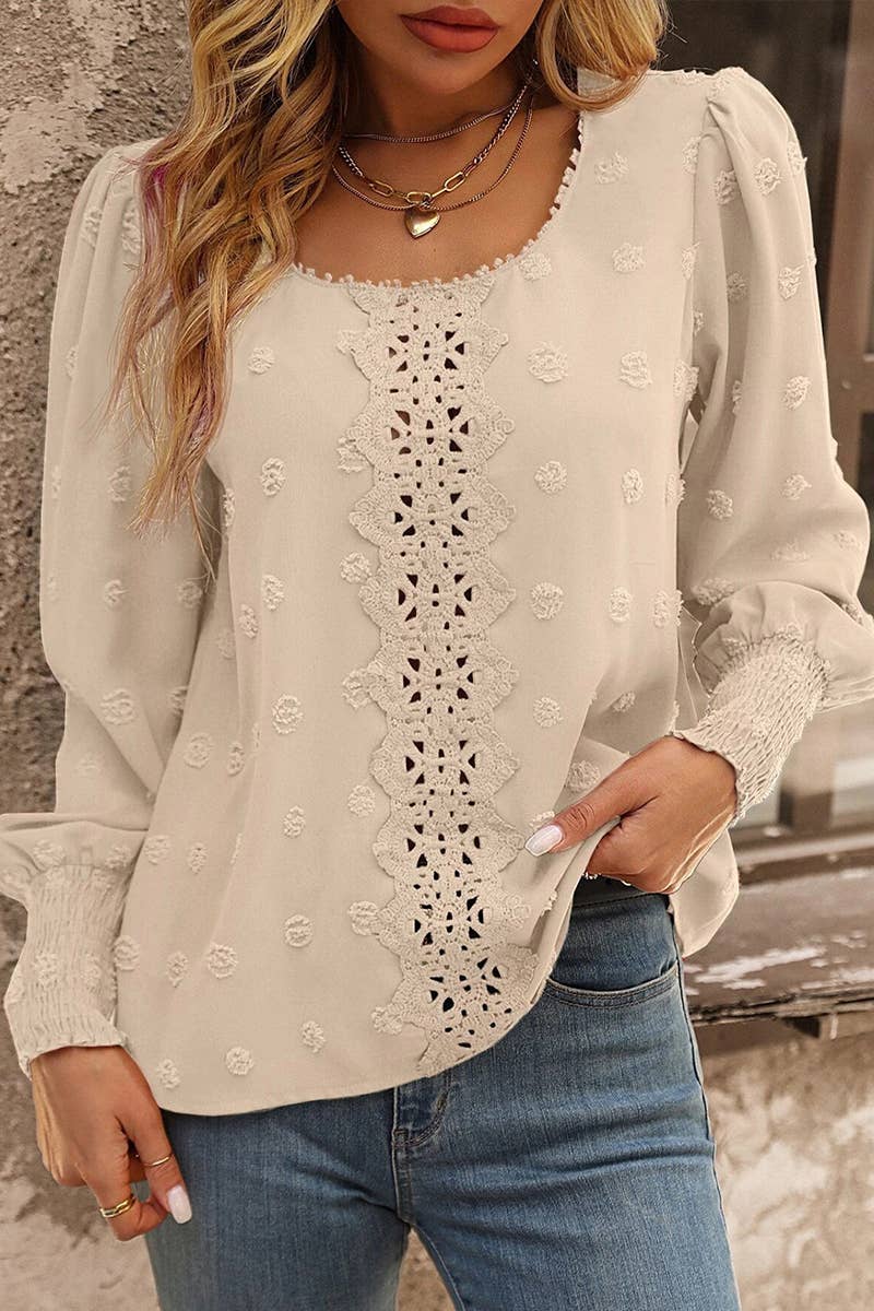 Women’s Floral Laced Swiss Dot Blouse with Embroidered Front Detail