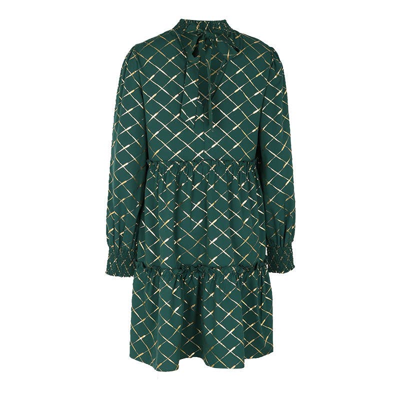 Diamond Long-Sleeved Loose Fit Dress with Gold Stamping