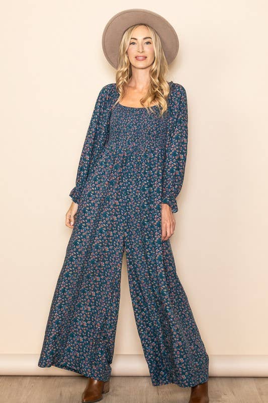 Floral Print Roper – Square Neck, Smocked Chest & Wide Legs