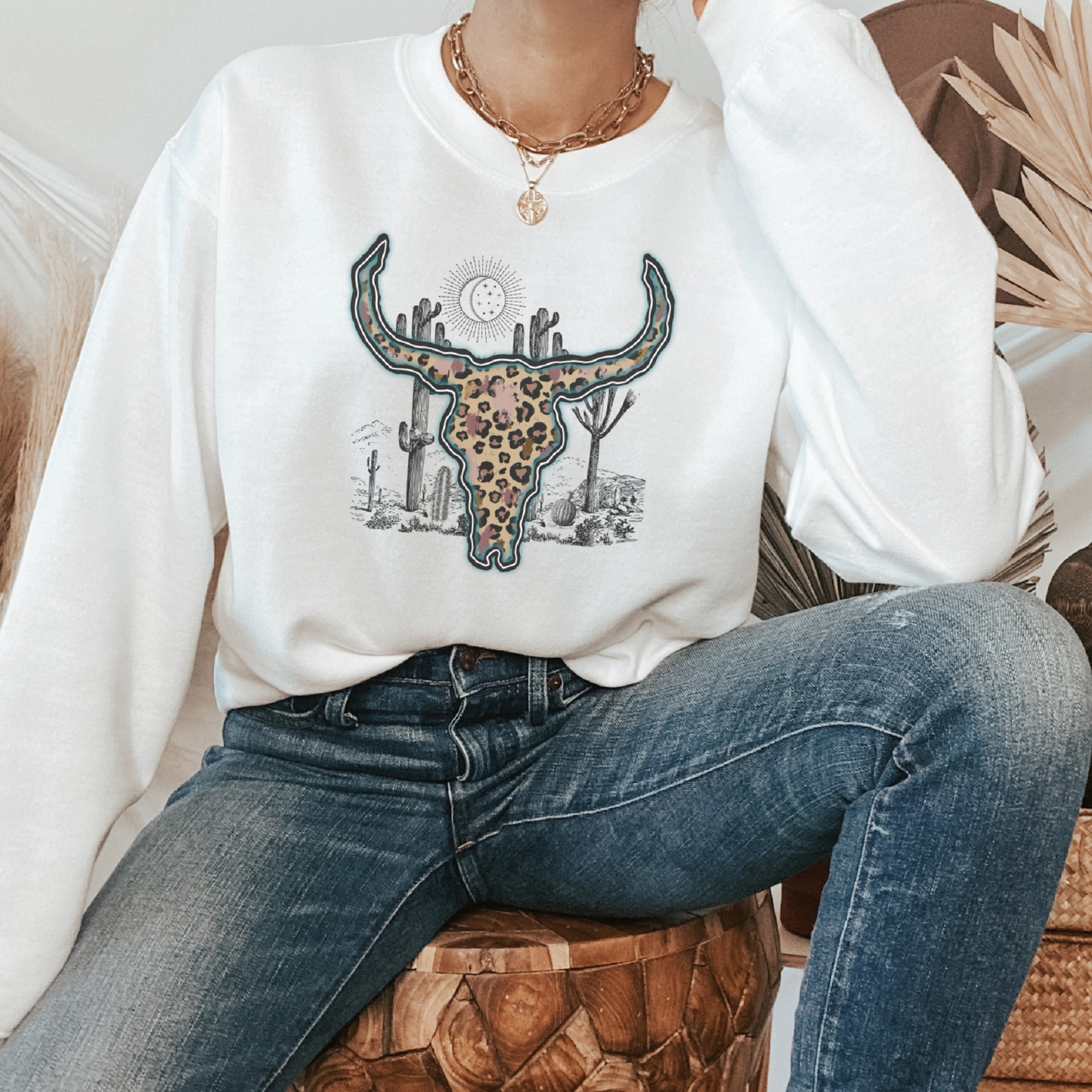 Western Leopard Cow Skull Crewneck Sweatshirt – Trendy Western Boho Style