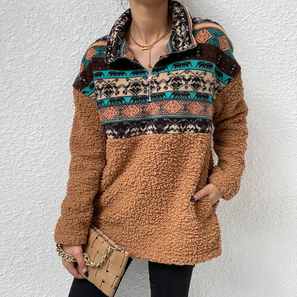 Aztec Printed Lapel Zipper Reversible Fleece Hoodie