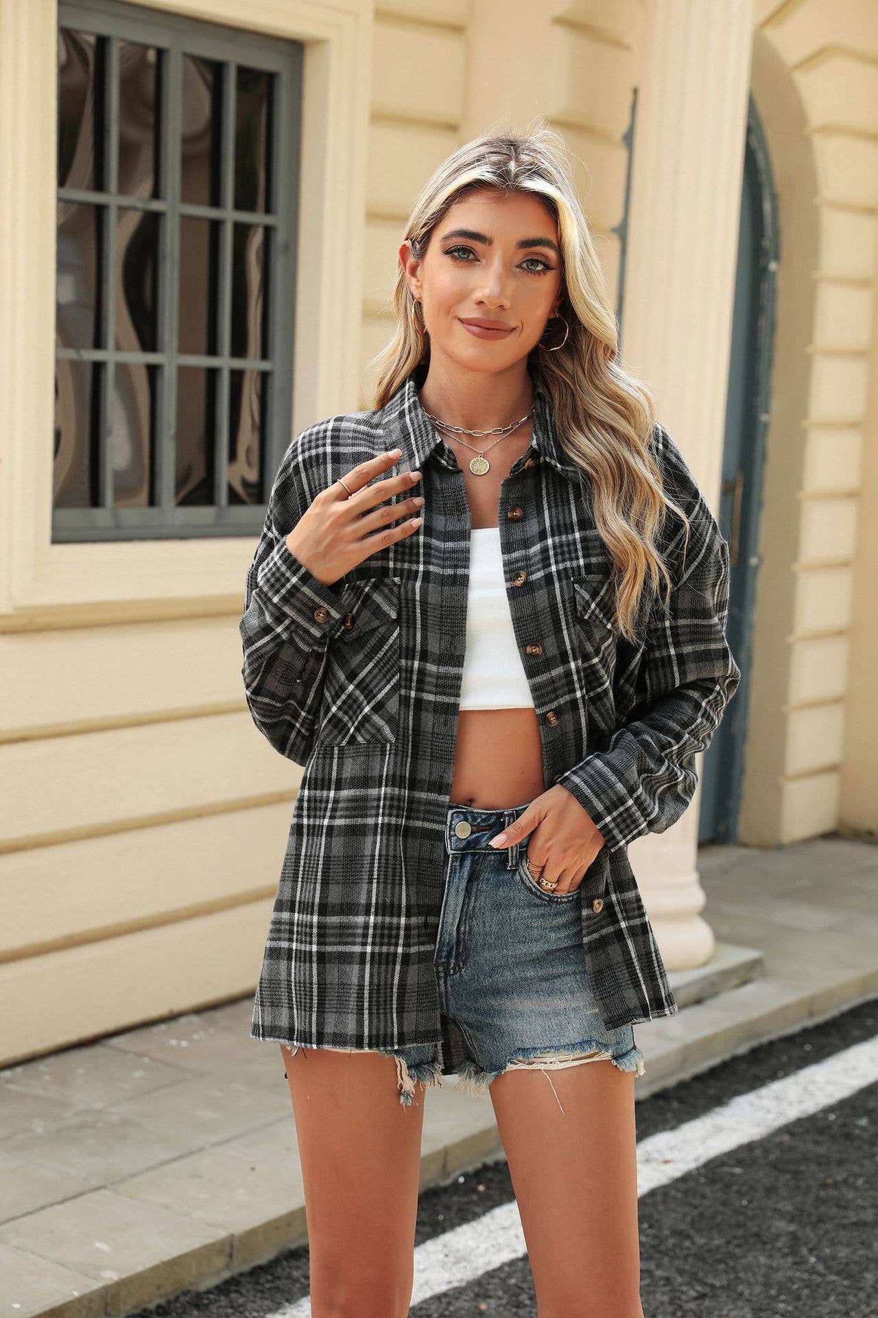 Black, White & Grey Plaid LONG-SLEEVED PLAID SHIRT WITH LAPEL POCKET