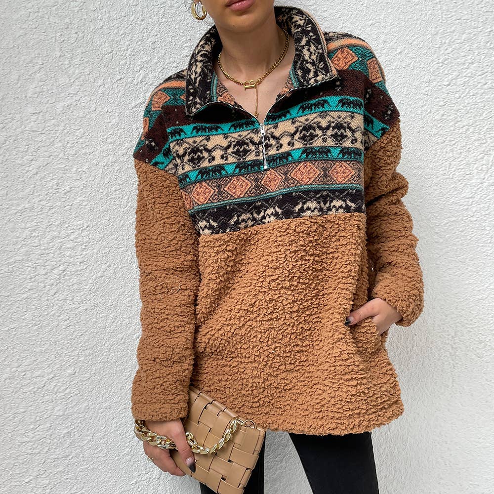 Aztec Printed Lapel Zipper Reversible Fleece Hoodie