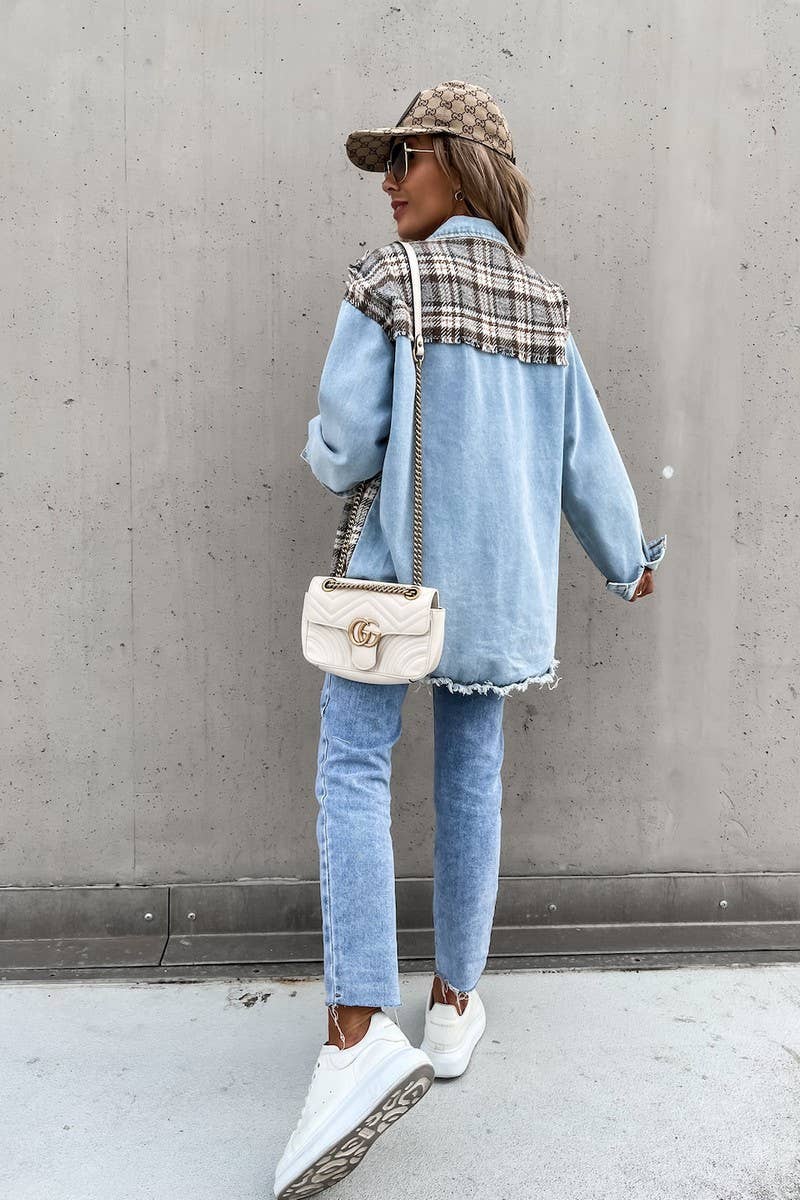 Denim patchwork loose long-sleeved single-breasted coat