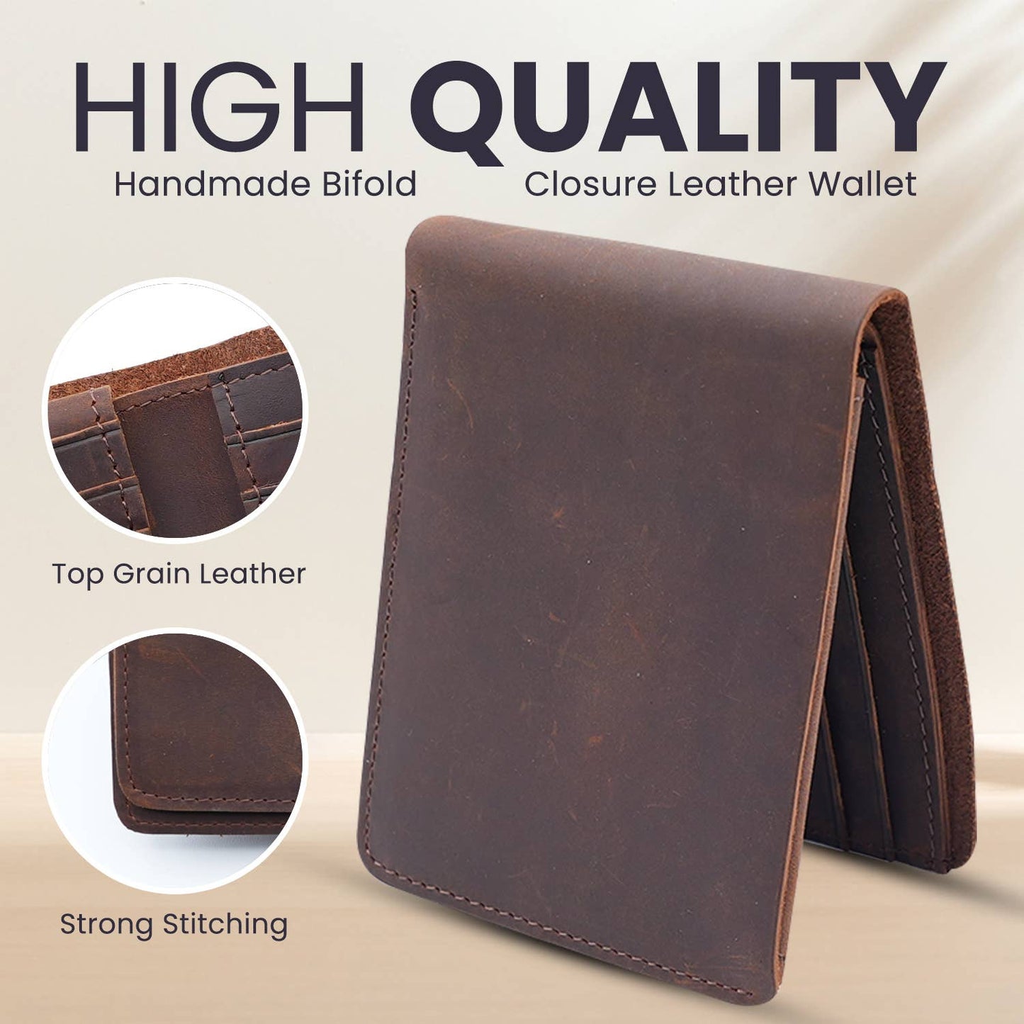 Men’s Leather Bifold Wallet – Top Grain Leather with Flap Out ID Holder