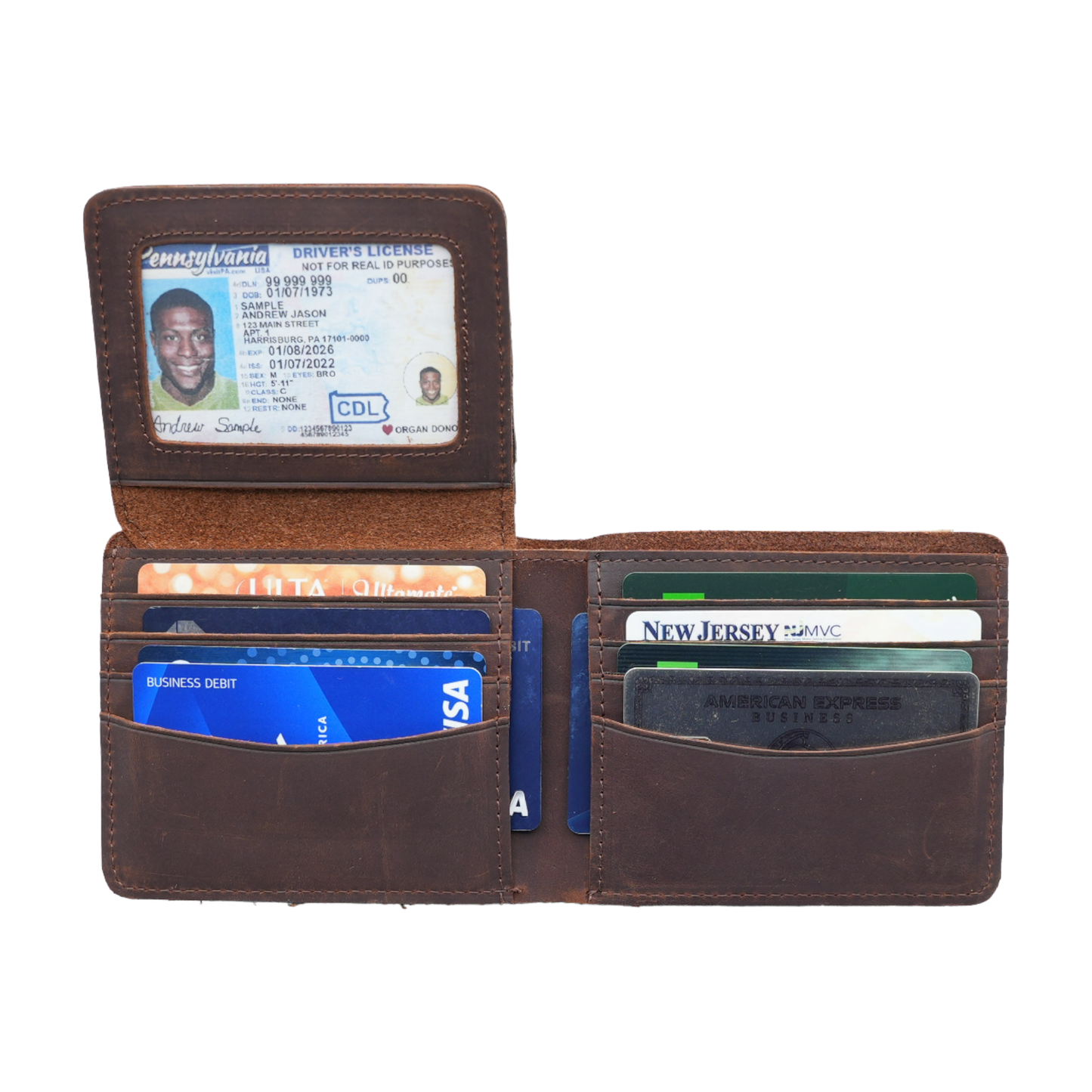 Men’s Leather Bifold Wallet – Top Grain Leather with Flap Out ID Holder
