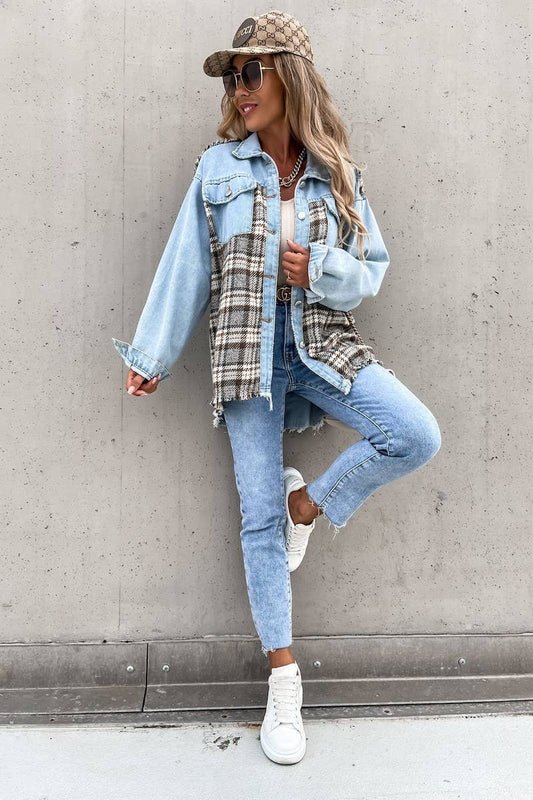 Denim patchwork loose long-sleeved single-breasted coat